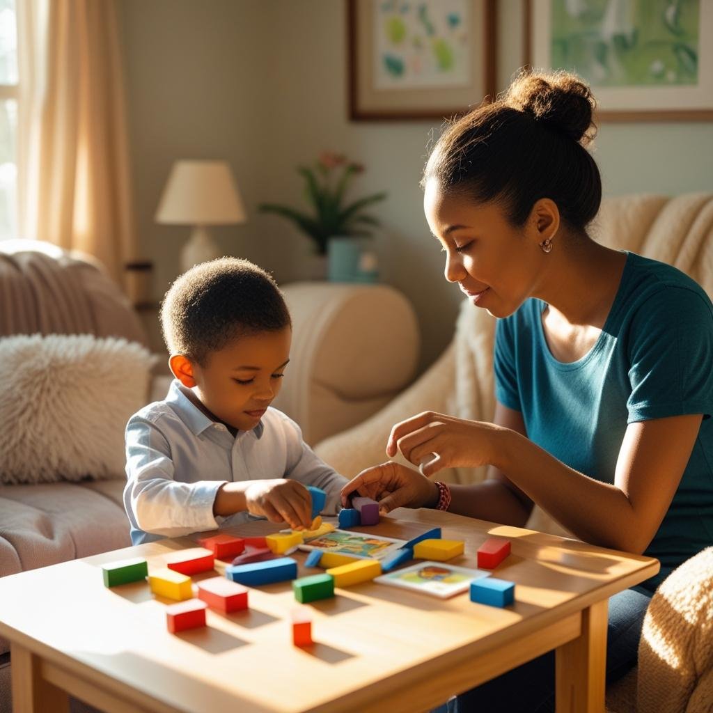 A child and an adult working with blocks in a supportive setting